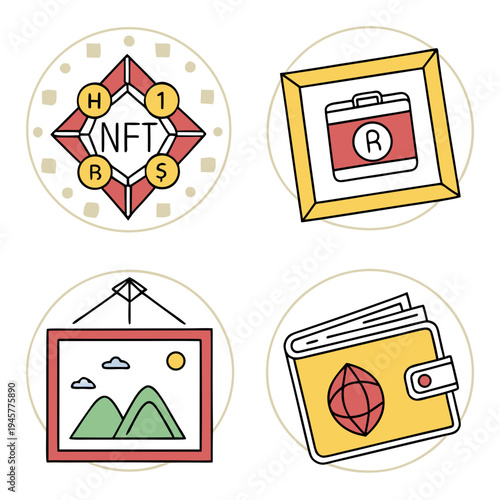 Nft digital art and crypto wallet icons. blockchain collectibles and finance