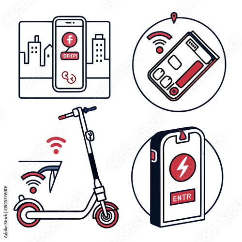 Urban mobility and smart city icons with scooters and connectivity
