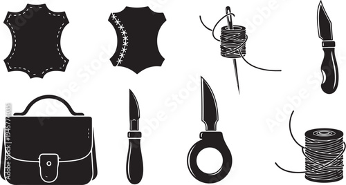 Black and white illustration of various sewing tools kit