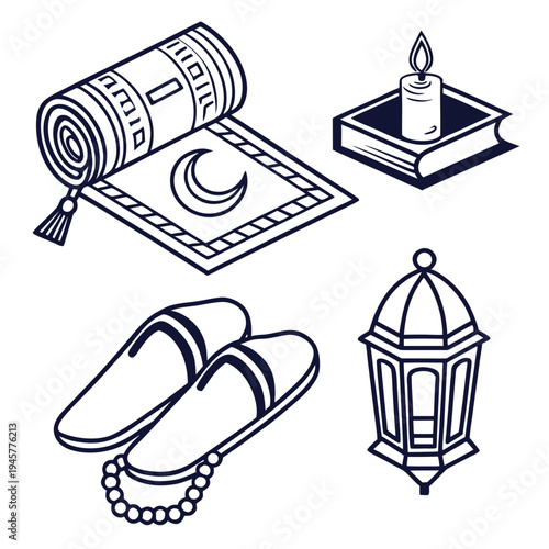 Islamic prayer items icon set - muslim worship & ramadan elements