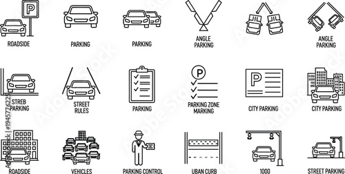 Parking icons collection, roadside parking, angle parking, street rules, city parking zone, vehicles curb control, urban signage, regulation symbols