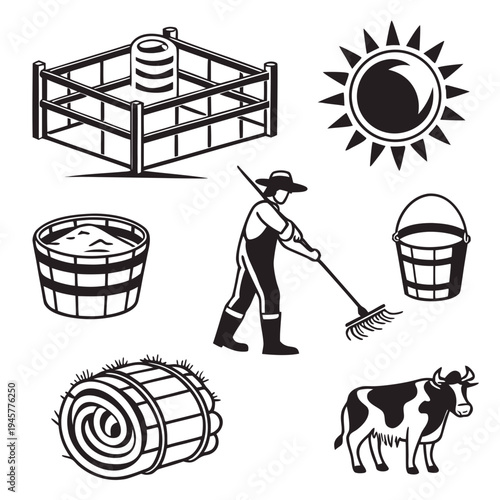 Monochrome farm life icons collection: farmer, animals & rural elements