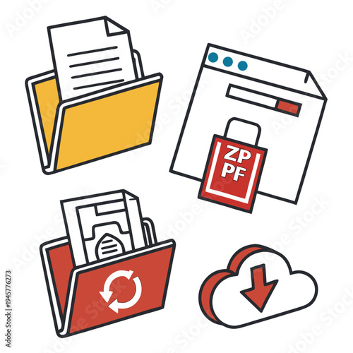 Digital file & folder management icons: security, sync, cloud download