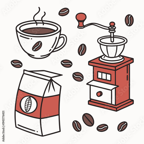 Coffee brewing process elements and beverage icons collection