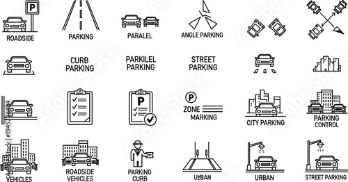 Parking icons illustration, roadside parking, parallel parking, angle parking, curb parking, street parking, city parking, vehicles, zone marking, urban control