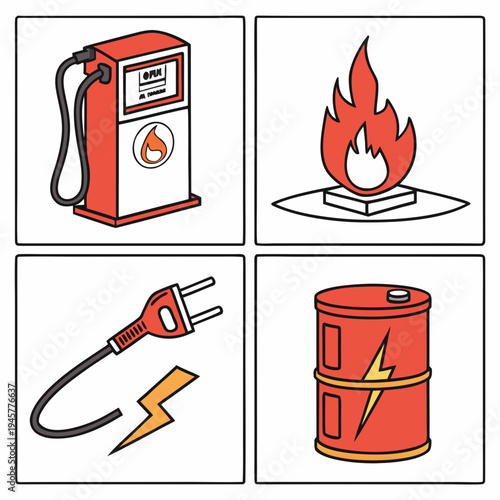 Energy and fuel resource icons with gas pump fire electrical plug and oil drum