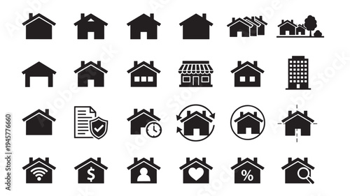 Houses and buildings collection with various icons representing services and attributes for real estate