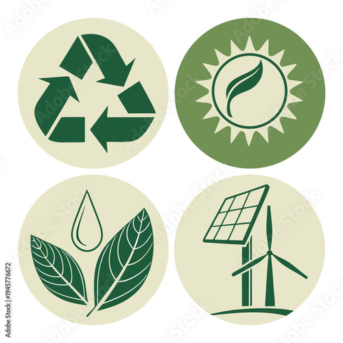 Renewable energy and sustainability icon set for green ecology design