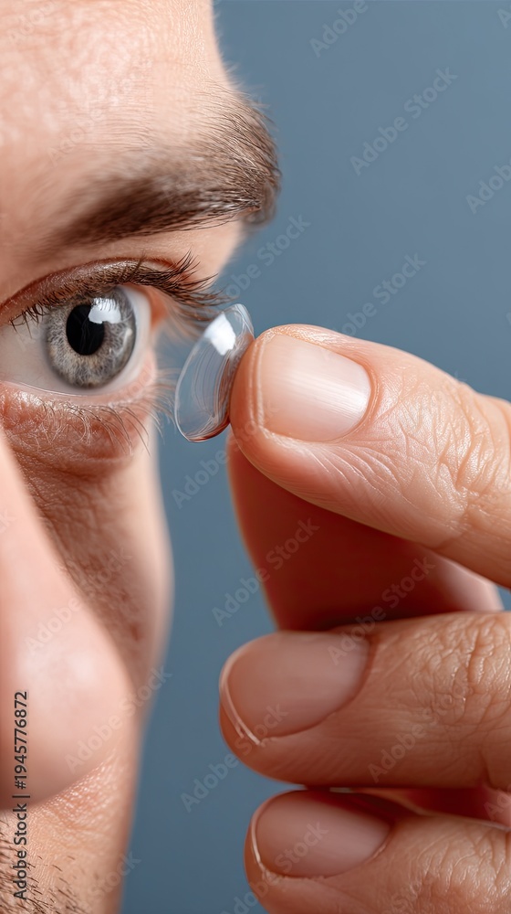 Fototapeta premium Close-up of a man's hand placing a contact lens in his eye against a blue background with soft lighting for a professional look