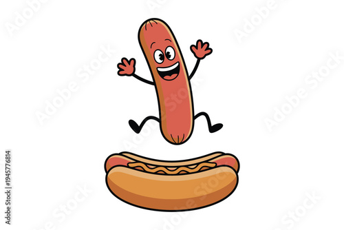 A cheerful cartoon hot dog character jumps towards a fully dressed hot dog ideal for playful designs on transparent background.