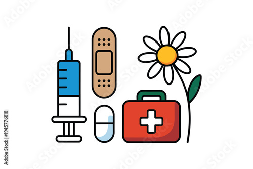 Colorful cartoon illustration depicting medical supplies alongside a flower ideal for health related designs on transparent background high-quality professional detailed.