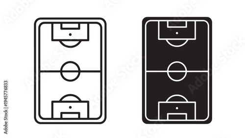 Soccer field icons in outline and solid black on white background, representing the game of football.