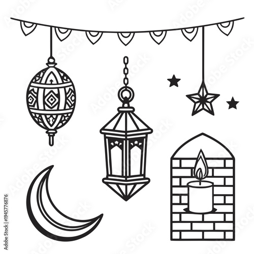 Ramadan kareem decoration line art with lanterns and moon