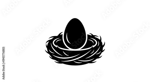 Black Silhouette of Egg in Bird Nest Icon on White