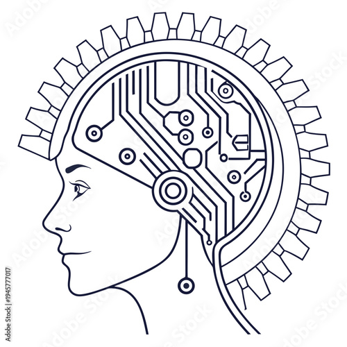 Artificial intelligence head icon with circuitry and gears