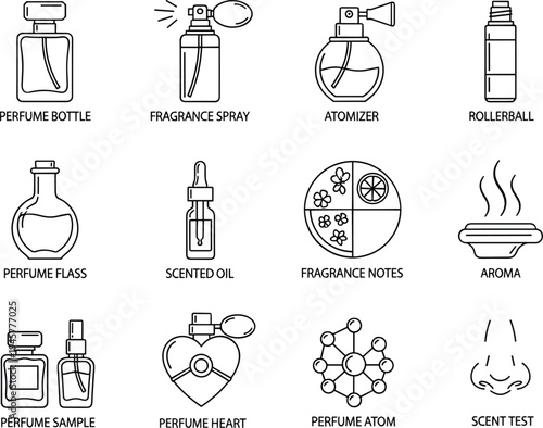 Perfume icons, fragrance spray, atomizer, rollerball, scented oil, aroma, perfume sample, perfume heart, scent test, perfume bottle, perfume notes