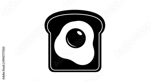 Black and White Icon of Fried Egg on Toast Slice