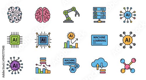 Artificial intelligence icons, a collection of graphics representing machine learning elements