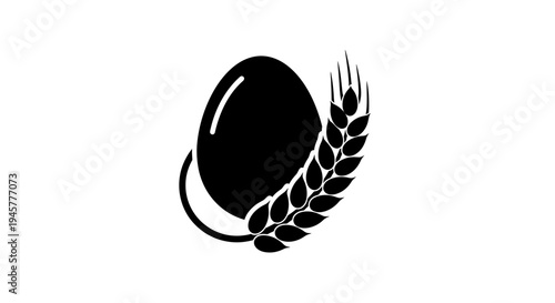 Black Egg with Wheat Ear Icon on White Background
