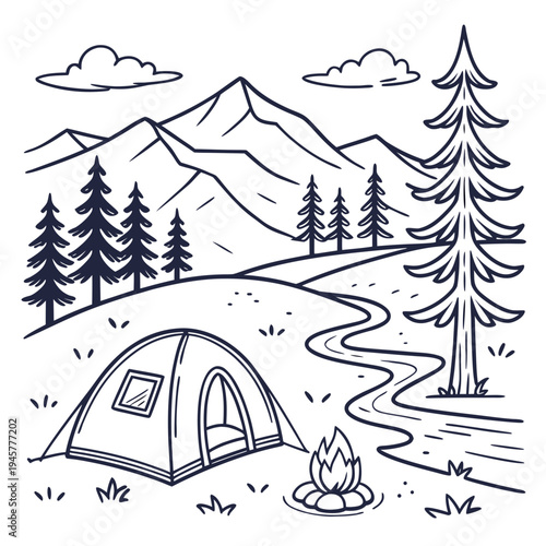 Doodle style camping scene with tent and mountains with line art
