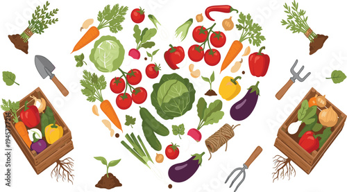 Organic farm vegetables and gardening tools collection with wooden crates fresh harvest produce and plants vector illustration set