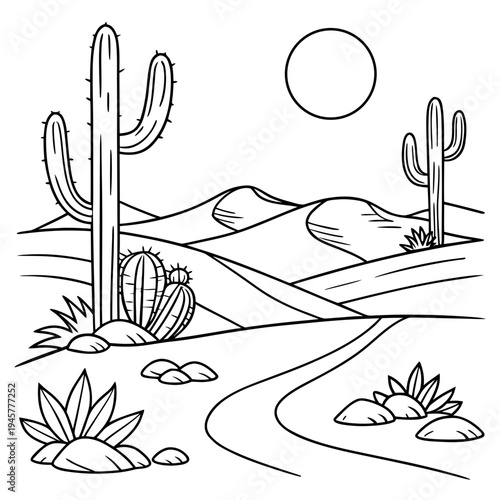 Desert scene with cacti, dunes, sun, and road - outline