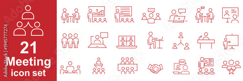 Meeting thin line icon set. Discussion, planning and decisions. Interview, seminar, meet, conference, consultation, presentation - stock vector.