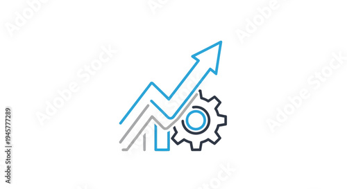 Business growth analysis represented by an upward arrow and a cogwheel icon in blue lines