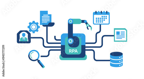 Robotic Process Automation machine connected to various data icons.