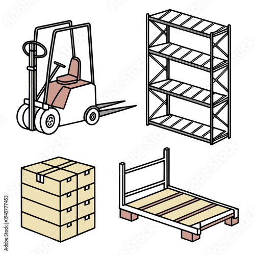 Warehouse equipment forklift shelves boxes pallets graphic icons