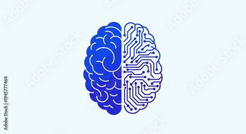 Stylized brain: organic left, circuit right hemisphere on light blue.