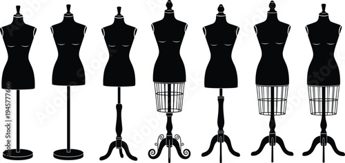 Dress form mannequin silhouettes collection with fashion tailoring dummies and sewing mannequins, clothing design studio equipment isolated on white background fashion industry set