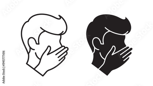 Face with hand covering mouth icon in line art and solid silhouette styles with clean white background for design