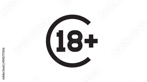Circle with number 18 and plus sign graphic icon, representing adult content rating and age restriction, simple black and white.