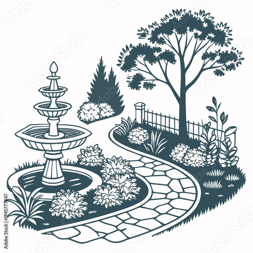 Garden fountain path trees illustration, outdoor landscape scene
