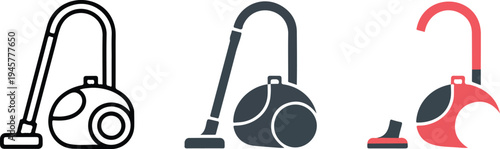 Minimalist vacuum cleaner icon set with line art, solid silhouette, and colorful flat illustration in clean horizontal arrangement