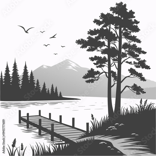 Peaceful lakeside landscape with mountains and pier with black and white