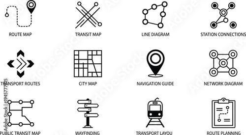 Route map icons, transit map, line diagram, station connections, transport routes, city map, navigation guide, network diagram, public transit, wayfinding, transport layout, route planning