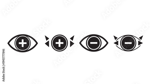 Eyes with plus and minus symbols inside, representing zoom in and zoom out functionalities, and also addition and subtraction concepts.