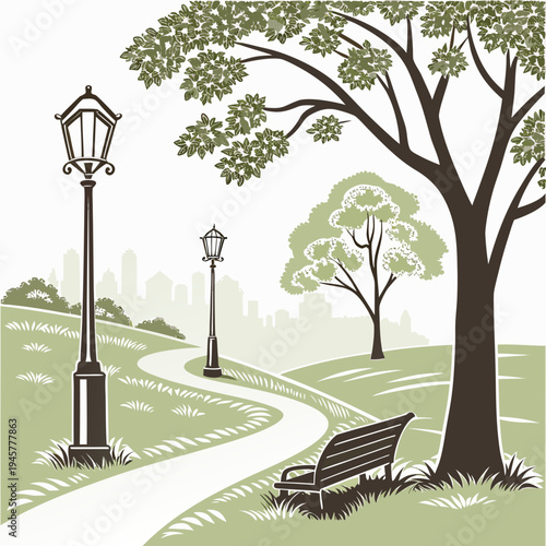 City park path with lamp posts and bench, outdoor scenery illustration