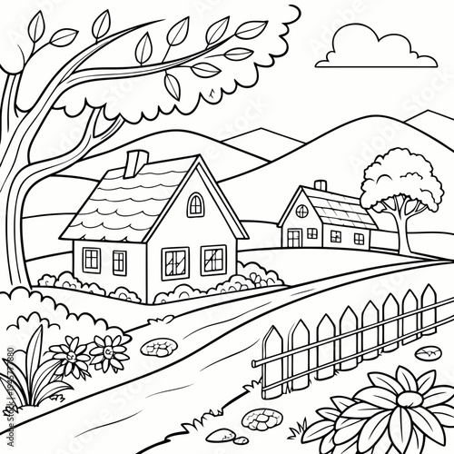 Rural village landscape with houses, fence, and flowers coloring page