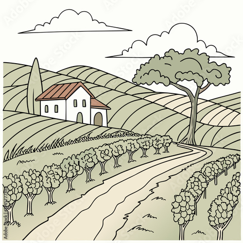 Vineyard landscape with farmhouse and rolling hills, rustic art