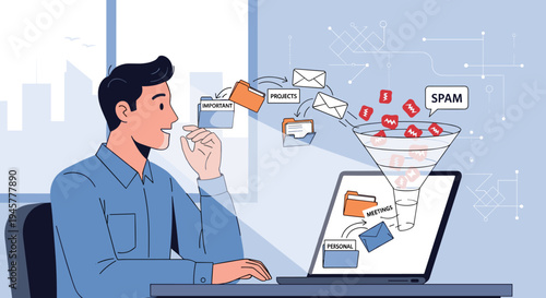 A smiling man in a blue shirt sorts emails on a laptop with a spam filter.