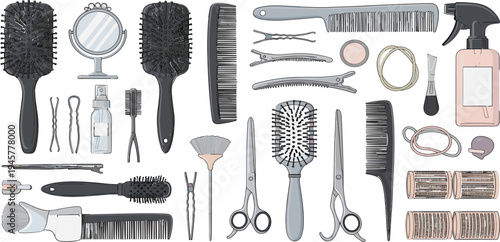 Professional hair styling tools and accessories collection including brushes combs scissors rollers mirror and spray bottle vector illustration set