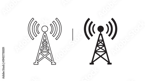 Radio tower icons showing both outline and solid black filled representations with radiating waves on white background