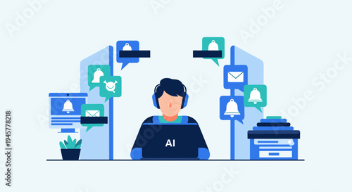 A man with headphones types on a laptop, surrounded by digital notifications.