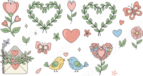 Romantic floral heart elements vector set with birds, butterflies, leaves, flowers and love wreath decorations illustration