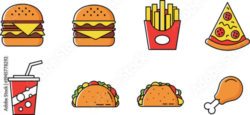 Fast food icons collection with burgers, french fries, pizza, tacos, soda drink and fried chicken vector illustration set for menu design