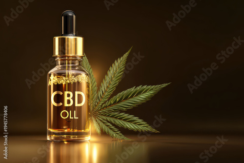 CBD Oil Dropper Bottle with Hemp Leaf Natural Cannabis Extract Wellness Product
