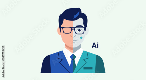 A man's face is split into human and robotic AI halves, wearing glasses and a suit.